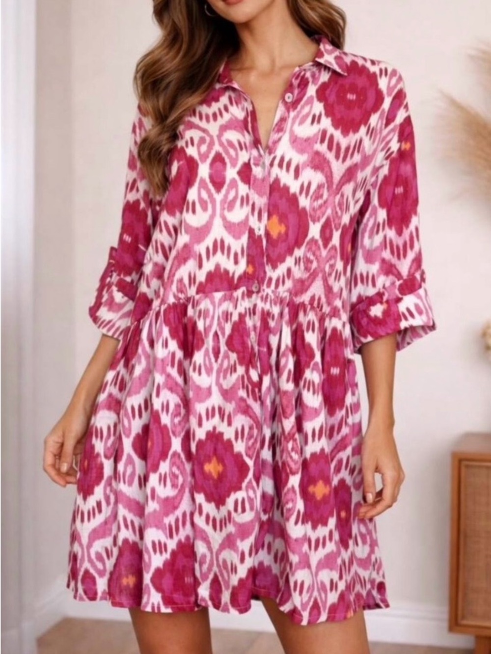 Ro’s Garden Pink Ikat Button-Front Lagenlook Lined Dress